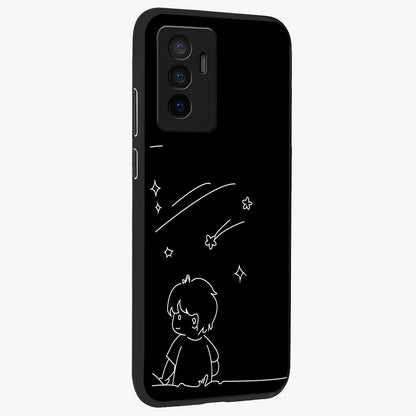 Line Art Boy With Shooting Stars Glass Case upright view showcasing artistic shooting star illustration with minimal style.