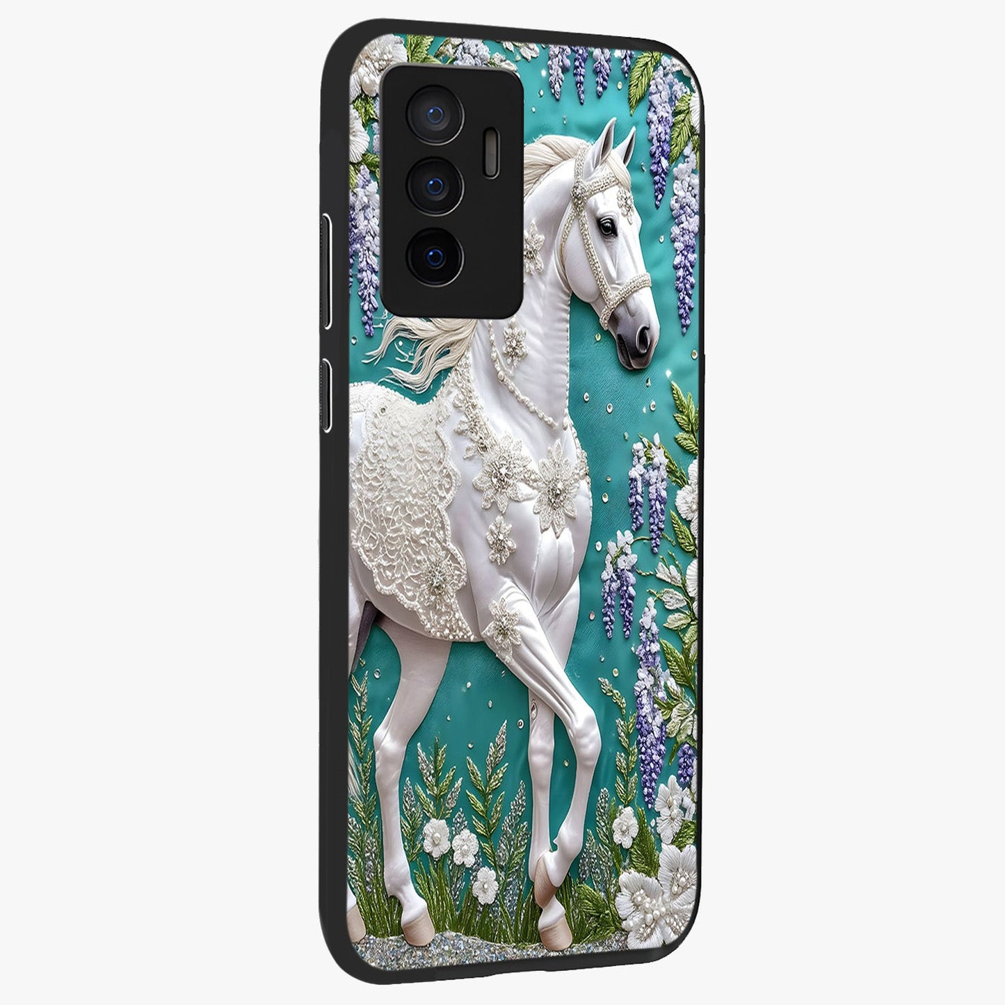Majestic Floral Stallion Glass Case upright view showcasing dramatic horse artwork with decorative floral theme.
