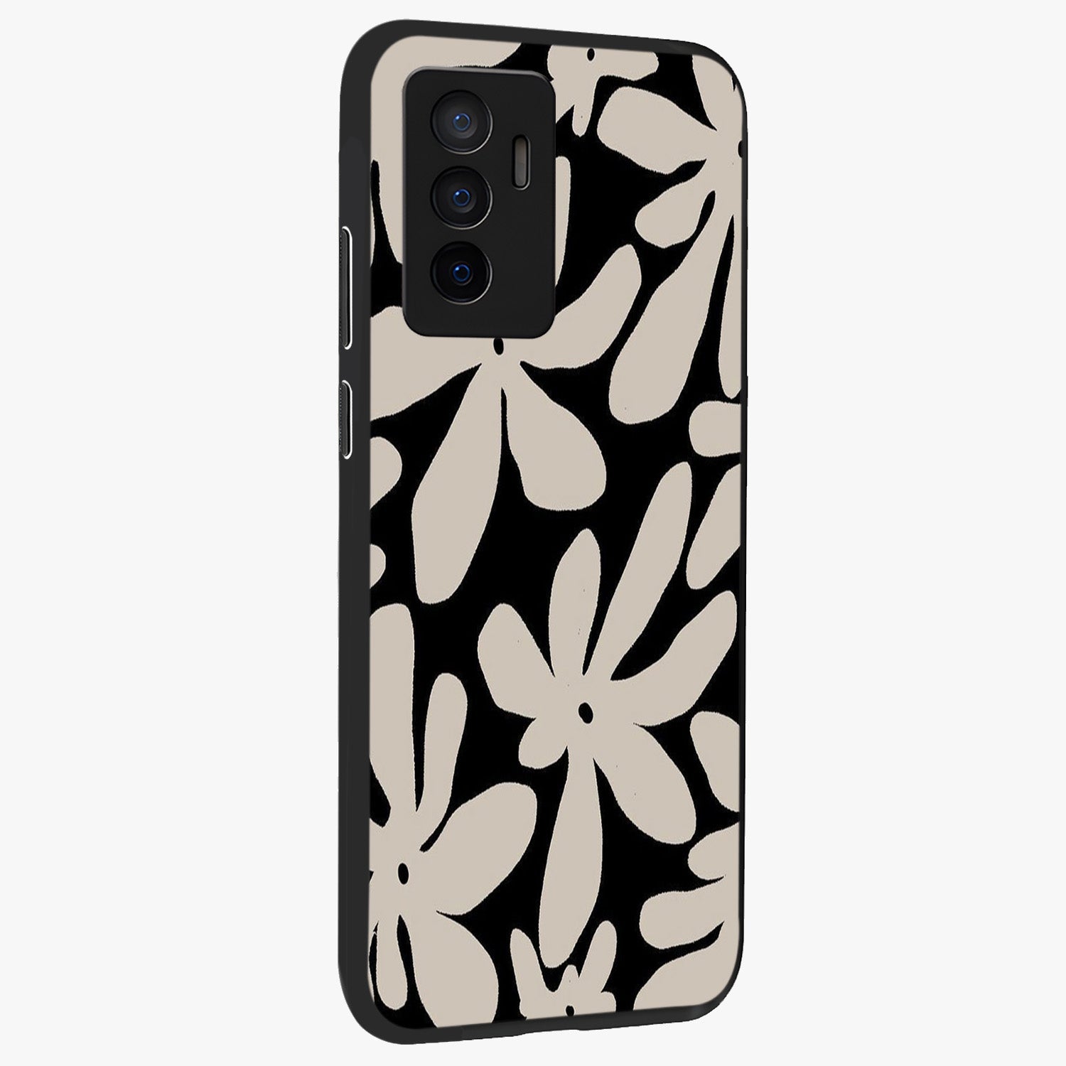 Monochrome Petal Dance Glass Case upright view showcasing artistic floral pattern with stylish monochrome theme.