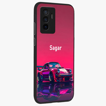 Neon Pink Porsche Glass Case upright view showcasing vibrant sports car artwork with bold automotive theme.