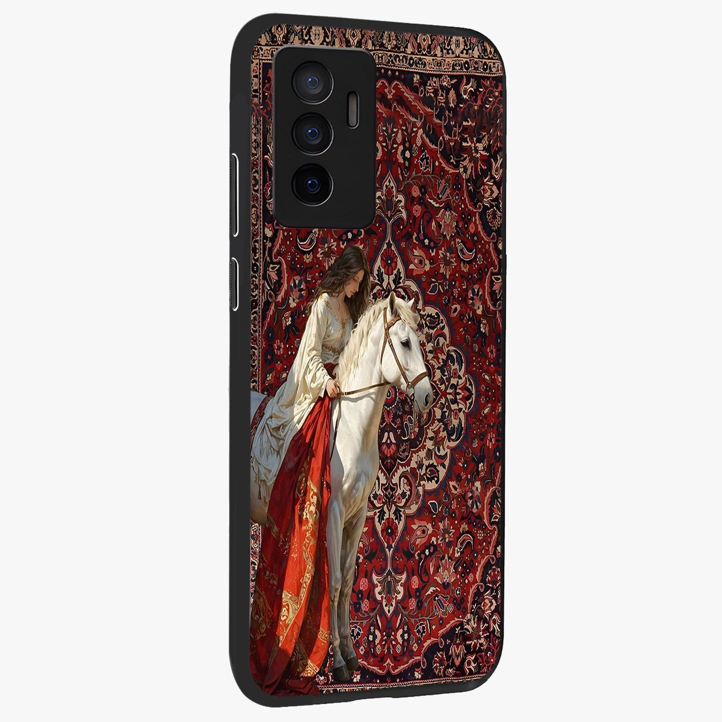 Royal Rider Tapestry Glass Case upright view showcasing detailed rider artwork with classic tapestry theme.