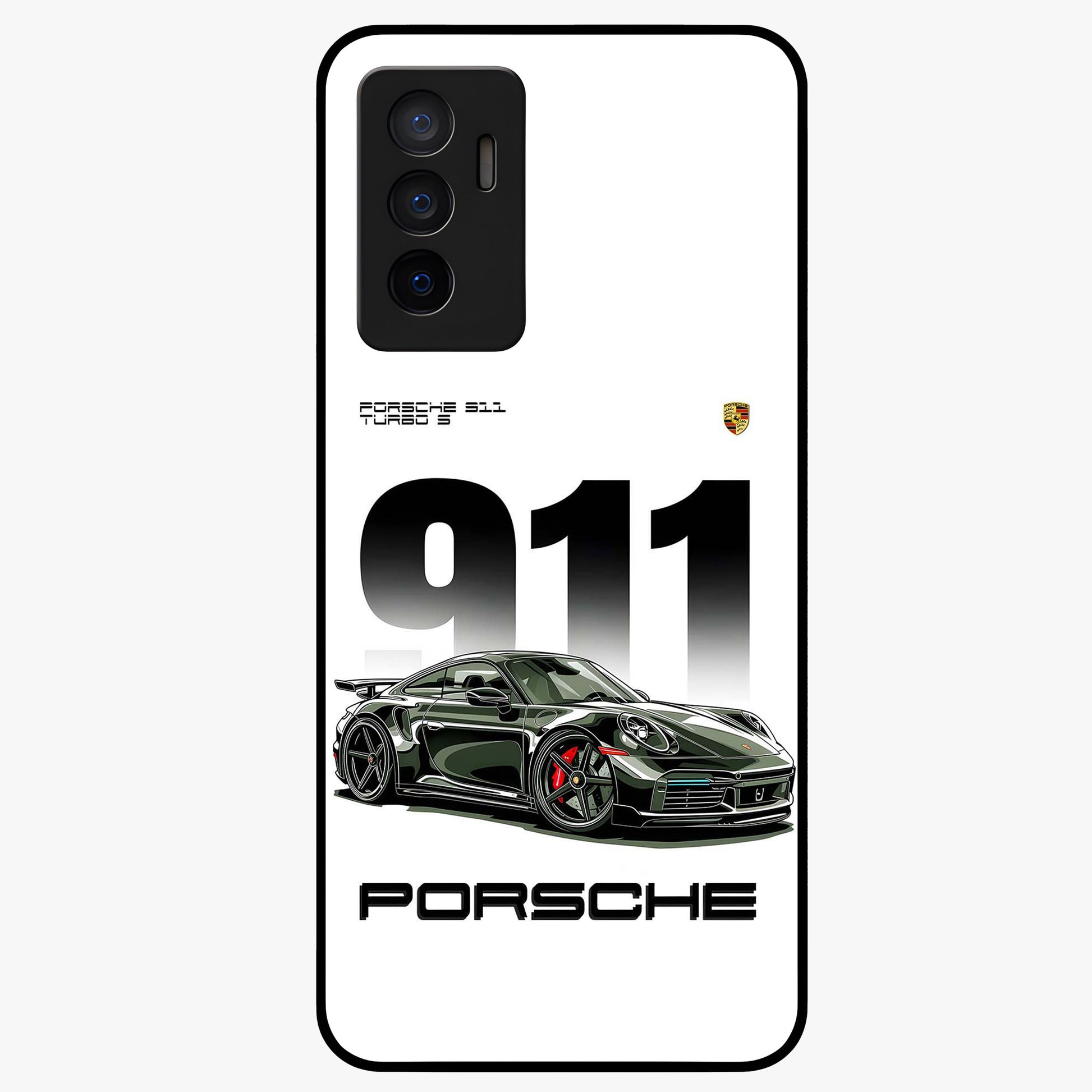 911 Turbo Dominance Glass Case showing clean flat back view with bold 911 sports car artwork and glossy glass finish.