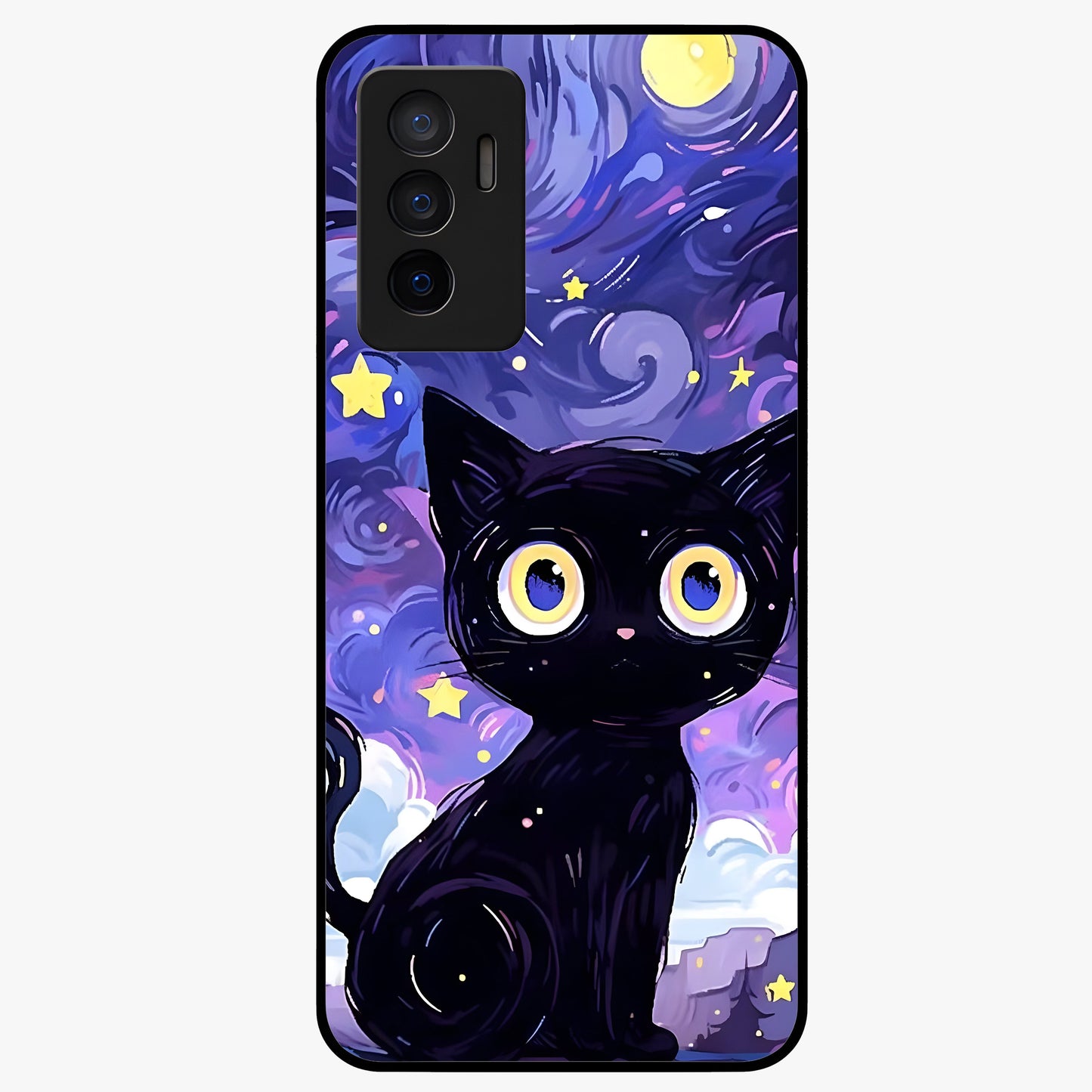 Abstract Cat Art Glass Case showing flat back view with artistic cat illustration and glossy glass finish.