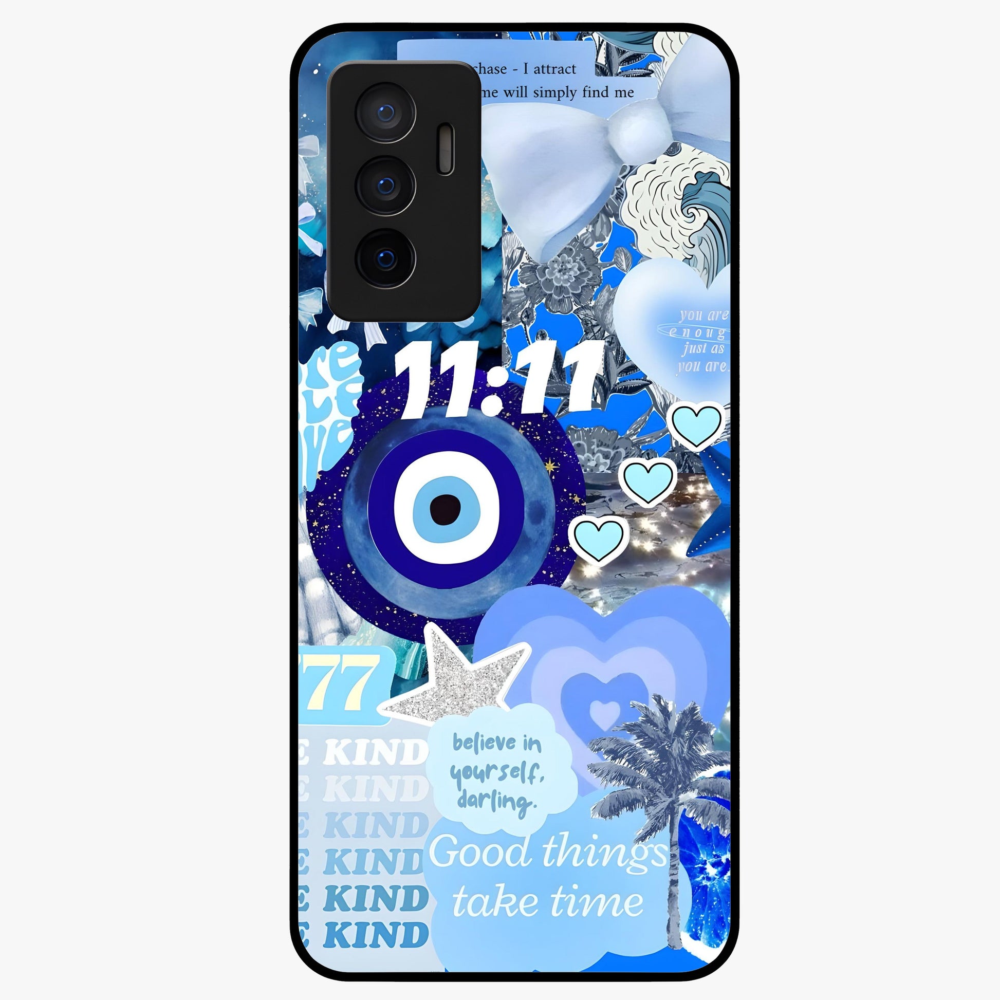 Aesthetic Be Kind Eye Glass Case showing flat back view with motivational eye artwork and glossy glass finish.