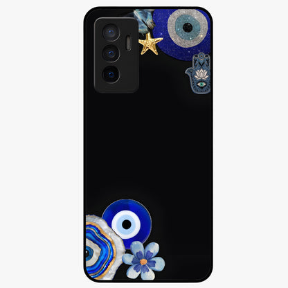 Aesthetic Blue Evil Eye Glass Case showing flat back view with protective evil eye artwork and glossy glass finish.