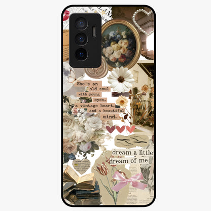 Aesthetic Brown Vintage Collage Glass Case showing flat back view with retro collage artwork and glossy glass finish.