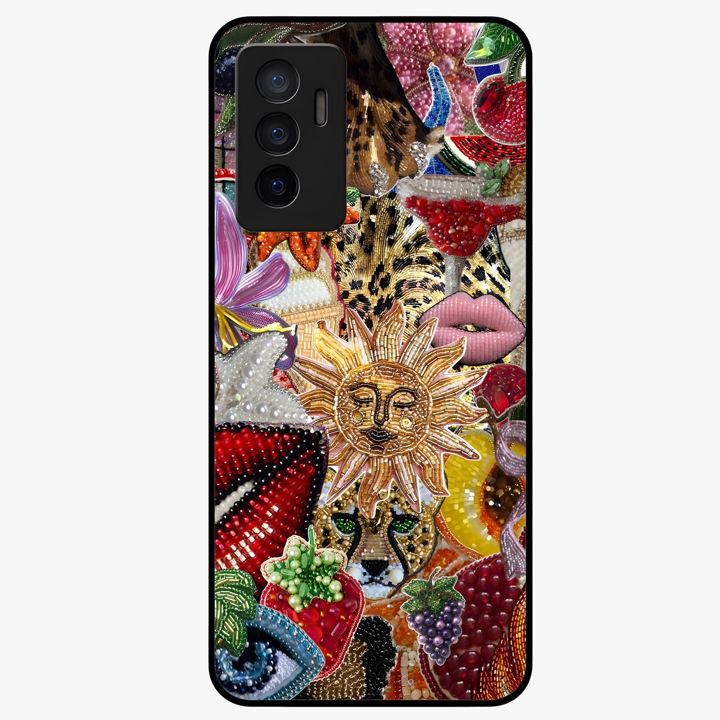 Beaded Fashion Jungle Glass Case showing flat back view with vibrant jungle inspired bead artwork and glossy glass finish.