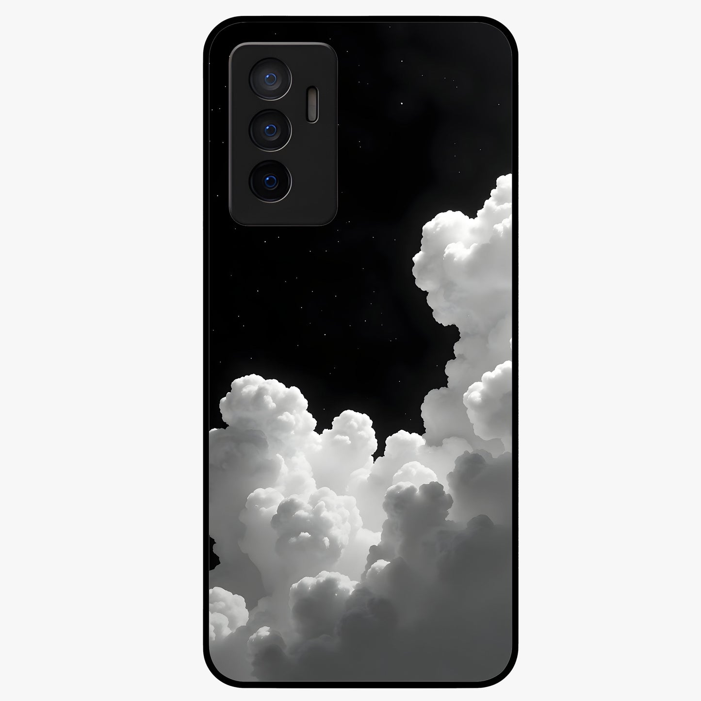 Black Background With White Cloud Glass Case showing flat back view with minimal cloud artwork on dark background and glossy glass finish.