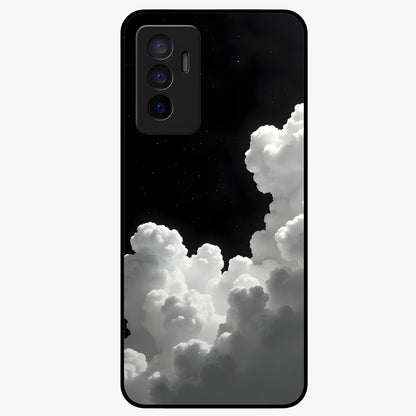 Black Background With White Cloud Glass Case showing flat back view with minimal cloud artwork on dark background and glossy glass finish.
