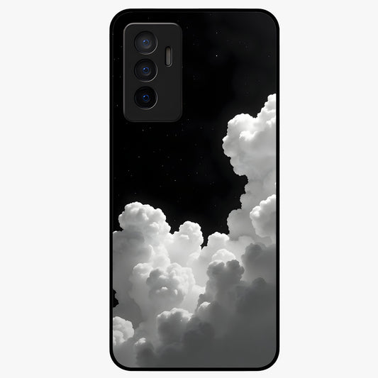 Black Background With White Cloud Glass Case showing flat back view with minimal cloud artwork on dark background and glossy glass finish.
