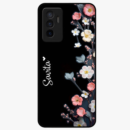 Black Elegance Floral Custom Name Glass Case showing flat back view with elegant floral artwork and personalized name design.