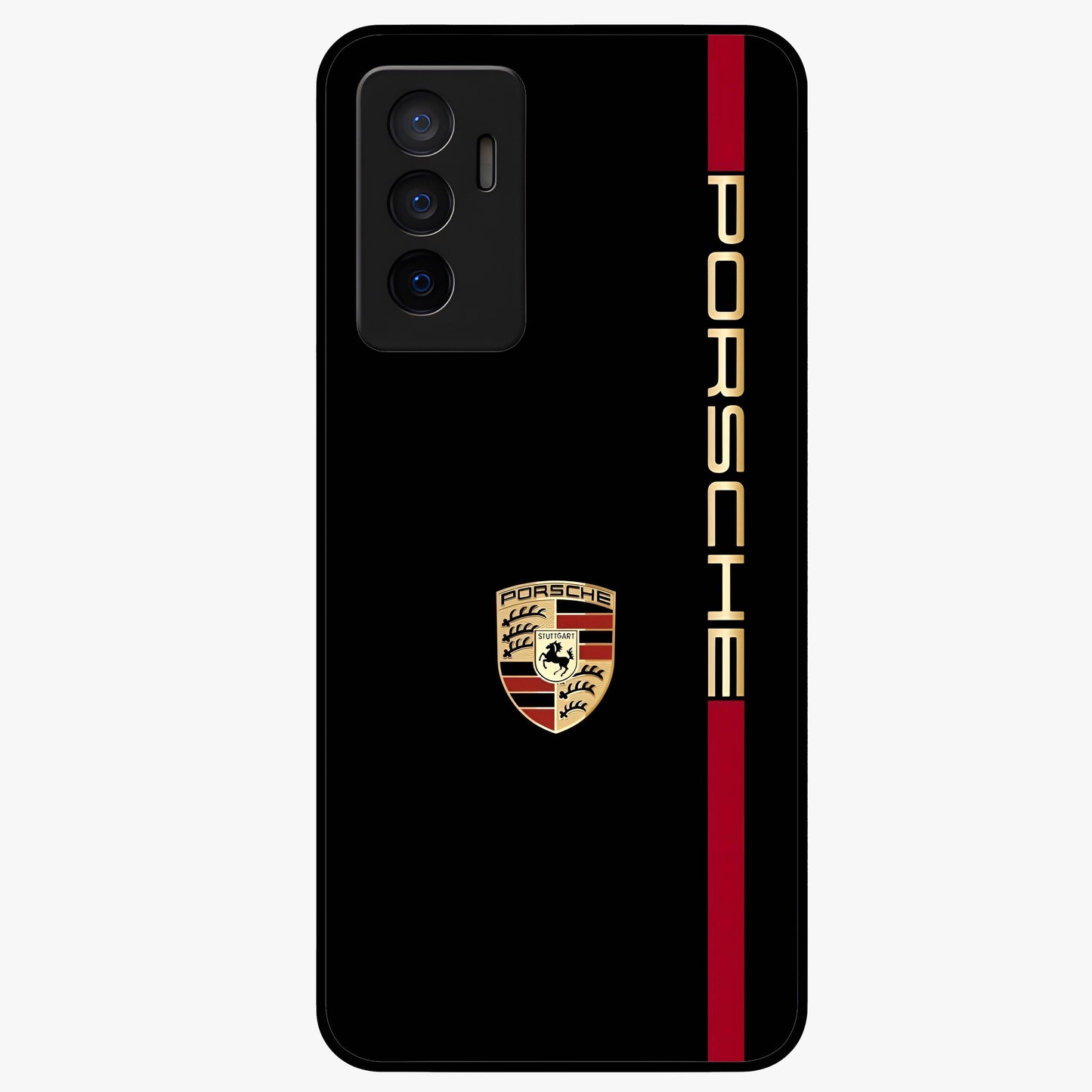 Black Minimal Porsche Glass Case showing flat back view with sleek minimal sports car artwork and glossy glass finish.