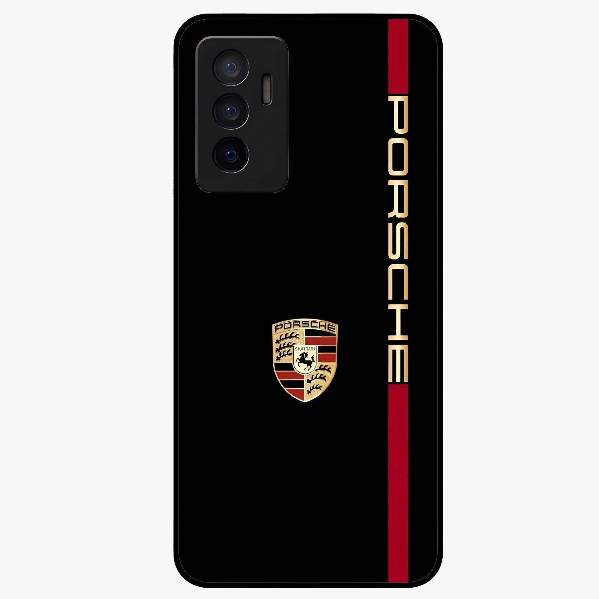 Black Minimal Porsche Glass Case showing flat back view with sleek minimal sports car artwork and glossy glass finish.