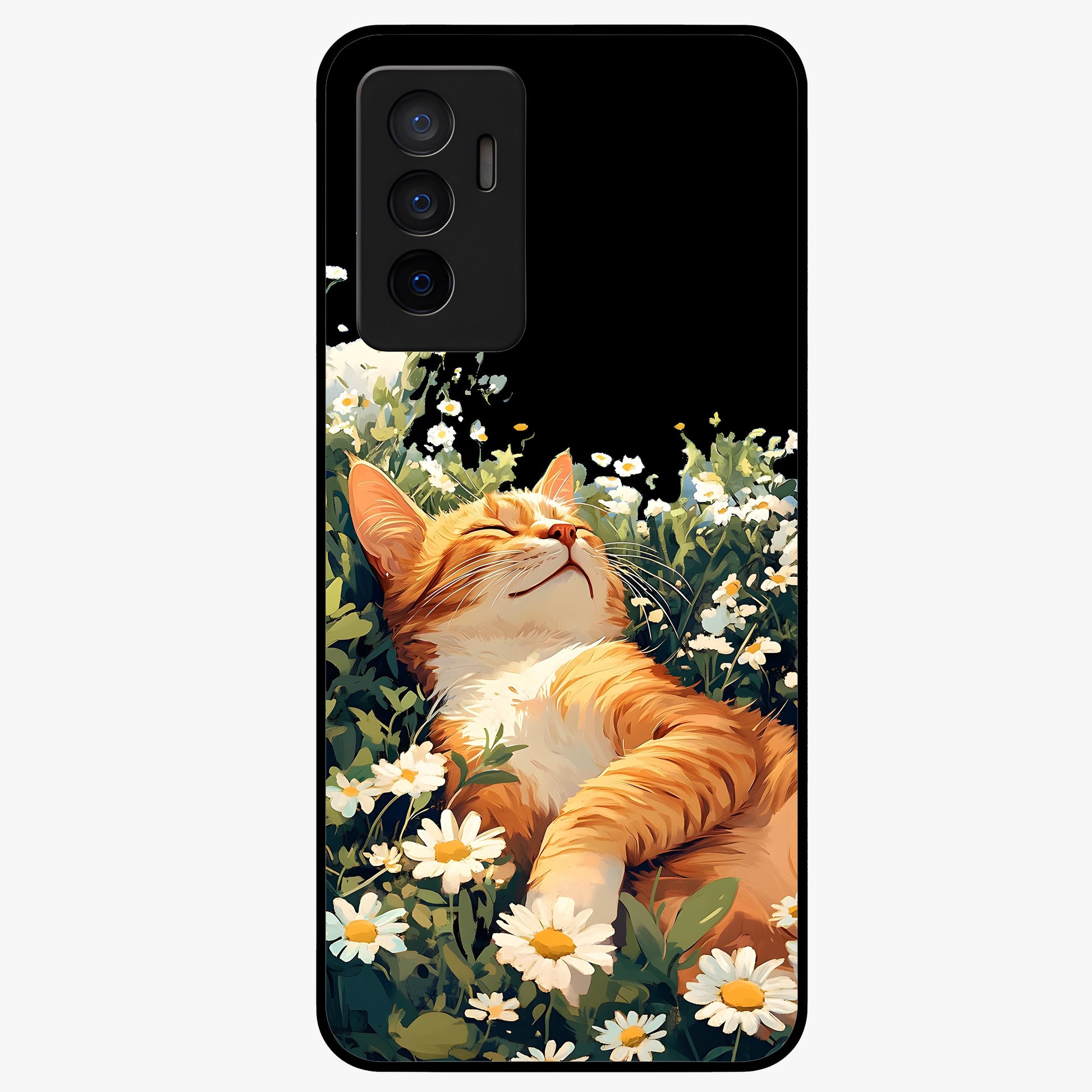 Blissful Bloom Cat Glass Case showing flat back view with cute cat and floral bloom artwork and glossy glass finish.