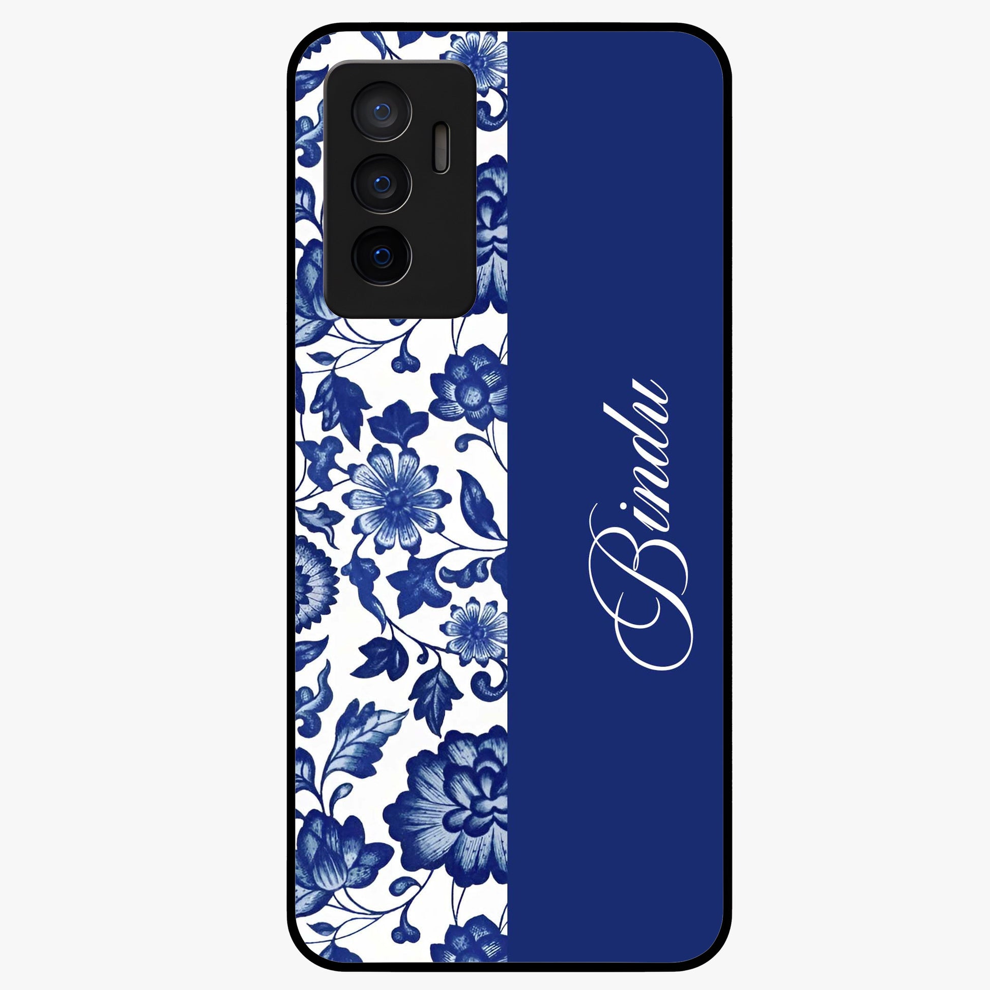 Blue Vintage Floral Pattern Glass Case upright view showcasing timeless floral illustration with vintage inspired style.