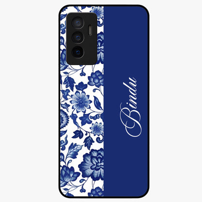 Blue Vintage Floral Pattern Glass Case upright view showcasing timeless floral illustration with vintage inspired style.