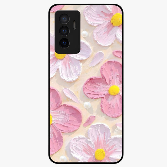 Blush Bloom Texture Glass Case showing flat back view with soft blush floral texture artwork and glossy glass finish.