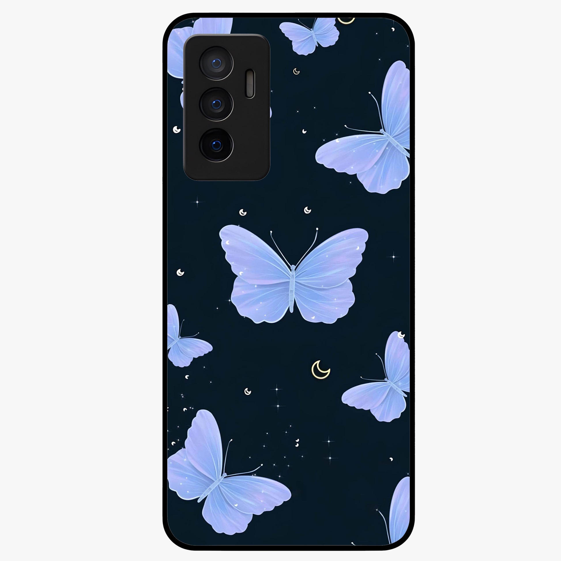 Butterfly With Stars Pattern Glass Case showing flat back view with butterfly and star pattern artwork and glossy glass finish.