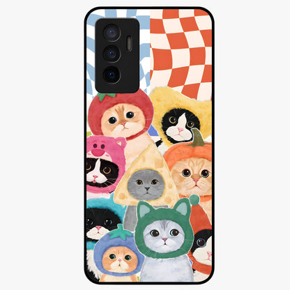 Cats in Fruits Glass Case showing flat back view with playful cat illustrations inside fruit artwork and glossy glass finish.