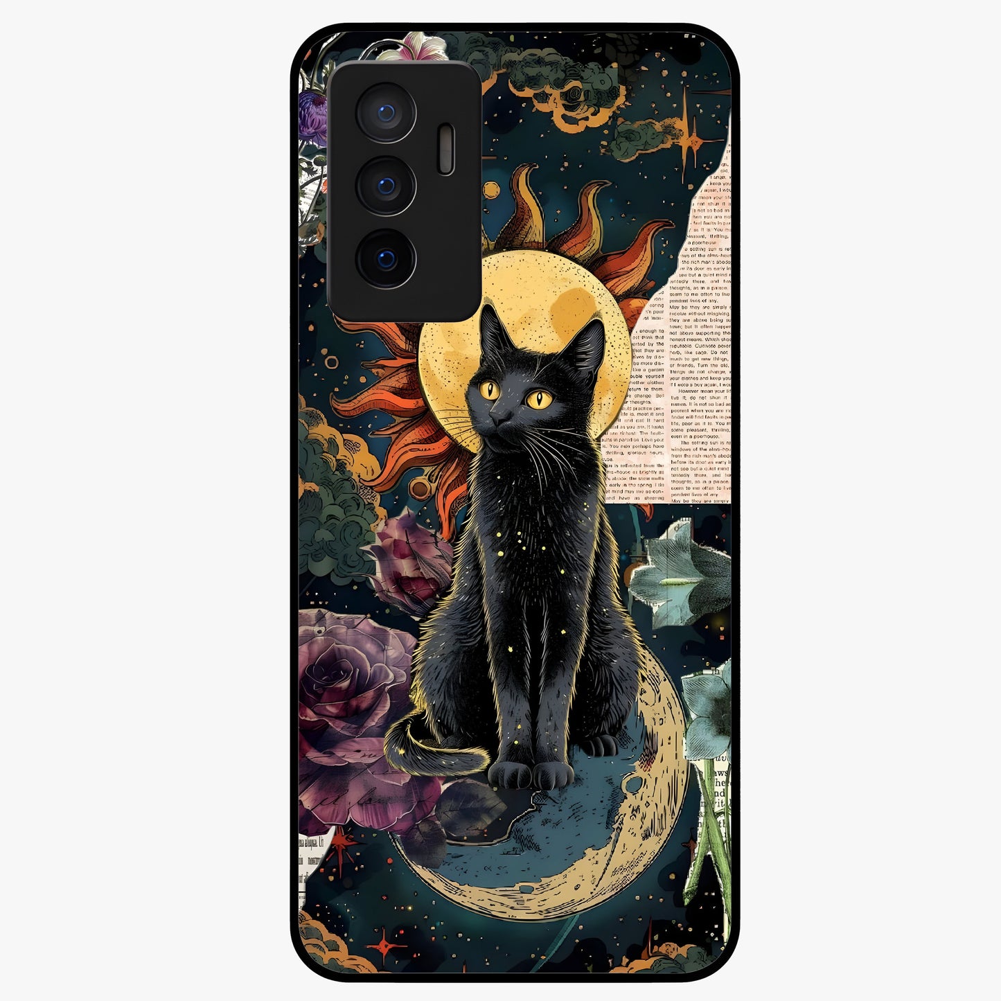 Celestial Black Cat Glass Case showing flat back view with mystical black cat artwork and glossy glass finish.