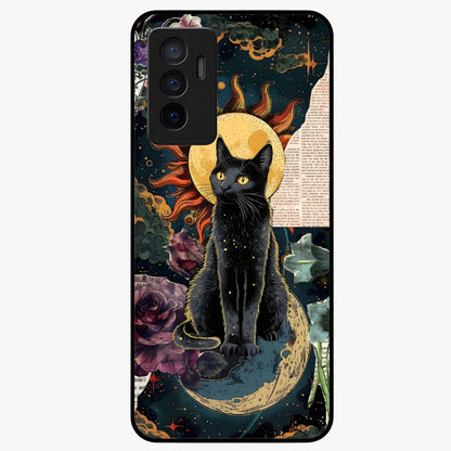 Celestial Black Cat Glass Case showing flat back view with mystical black cat artwork and glossy glass finish.