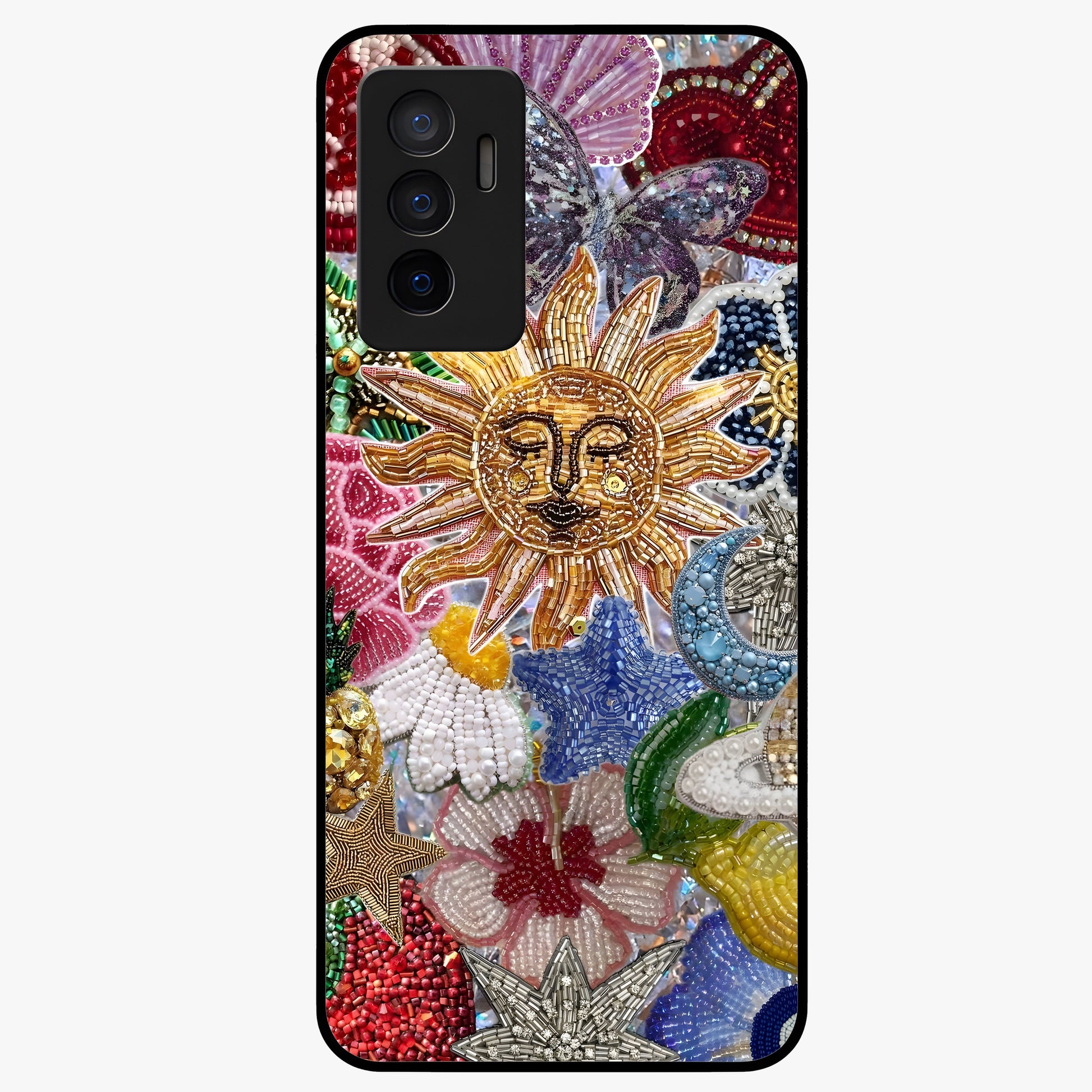Celestial Floral and Playful Glass Case showing flat back view with floral and celestial themed artwork and glossy glass finish.