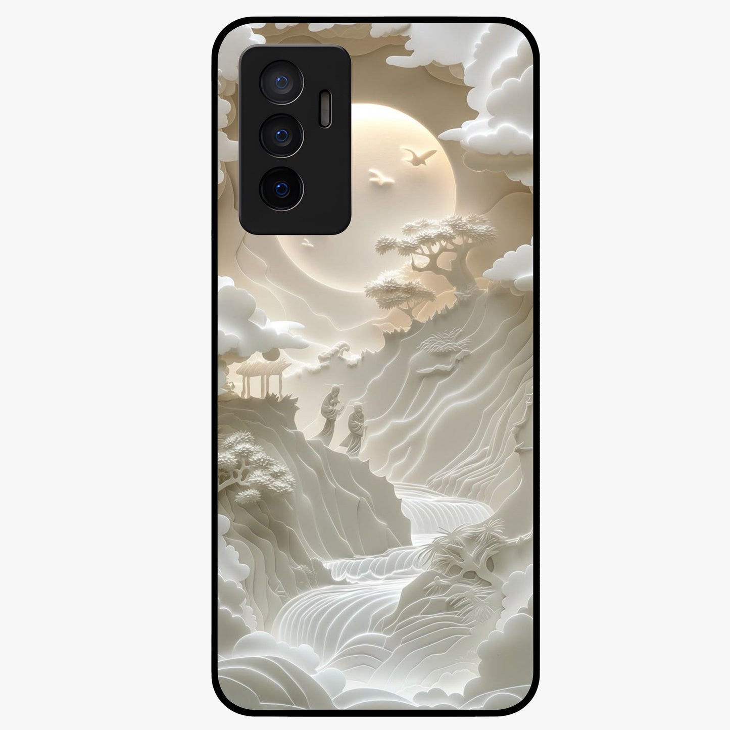 Celestial Origami Glass Case showing flat back view with artistic origami inspired celestial artwork and glossy glass finish.