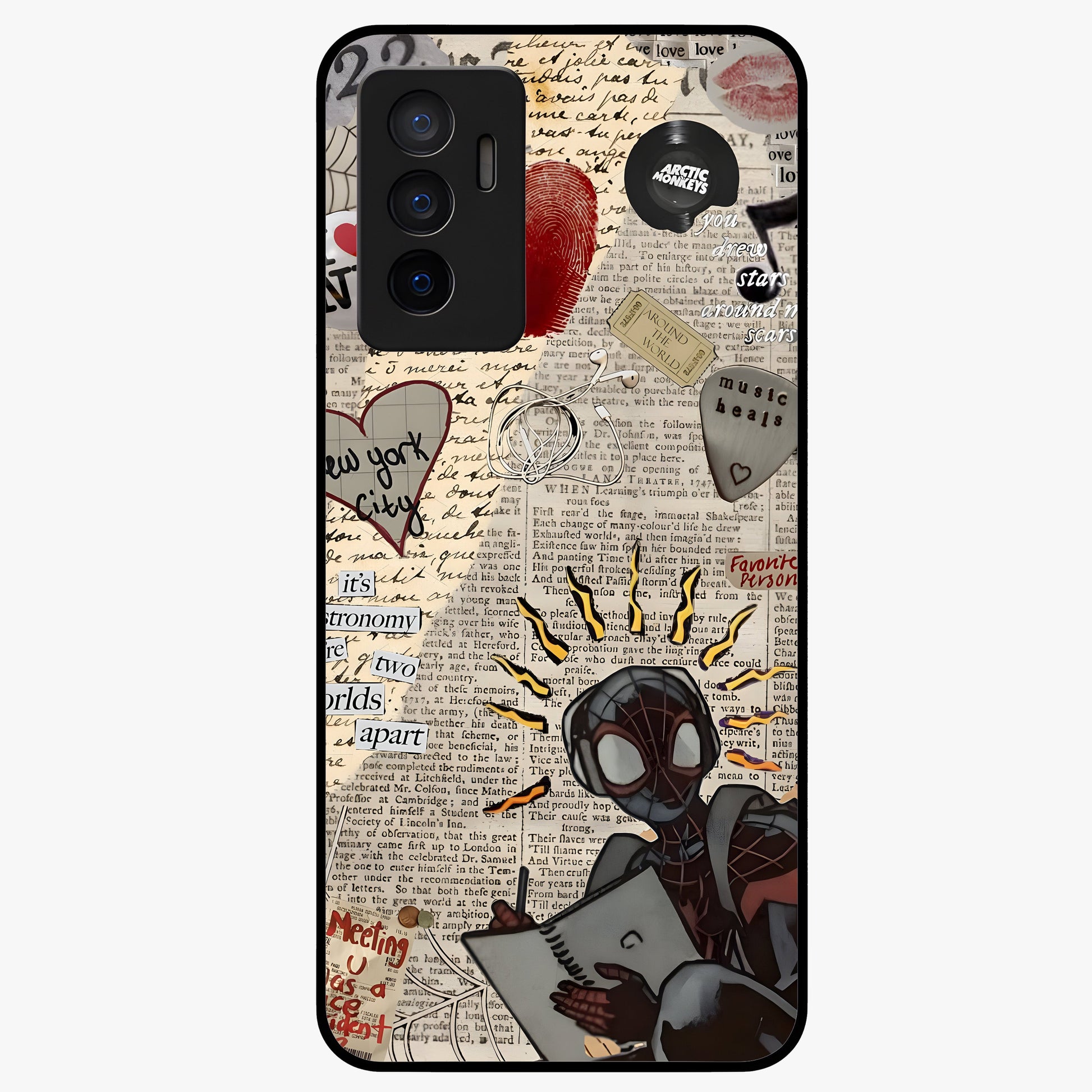 City Dream Sketch Glass Case showing flat back view with artistic city skyline sketch artwork and glossy glass finish.