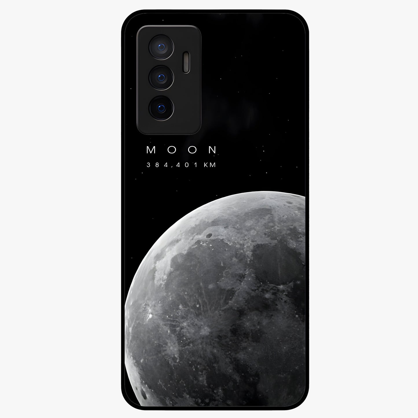 Cosmic Moon Glow Glass Case showing flat back view with glowing moon artwork and glossy glass finish.