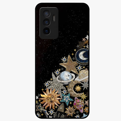 Cosmic Sparkle Dreams Glass Case showing flat back view with sparkling cosmic artwork and glossy glass finish.