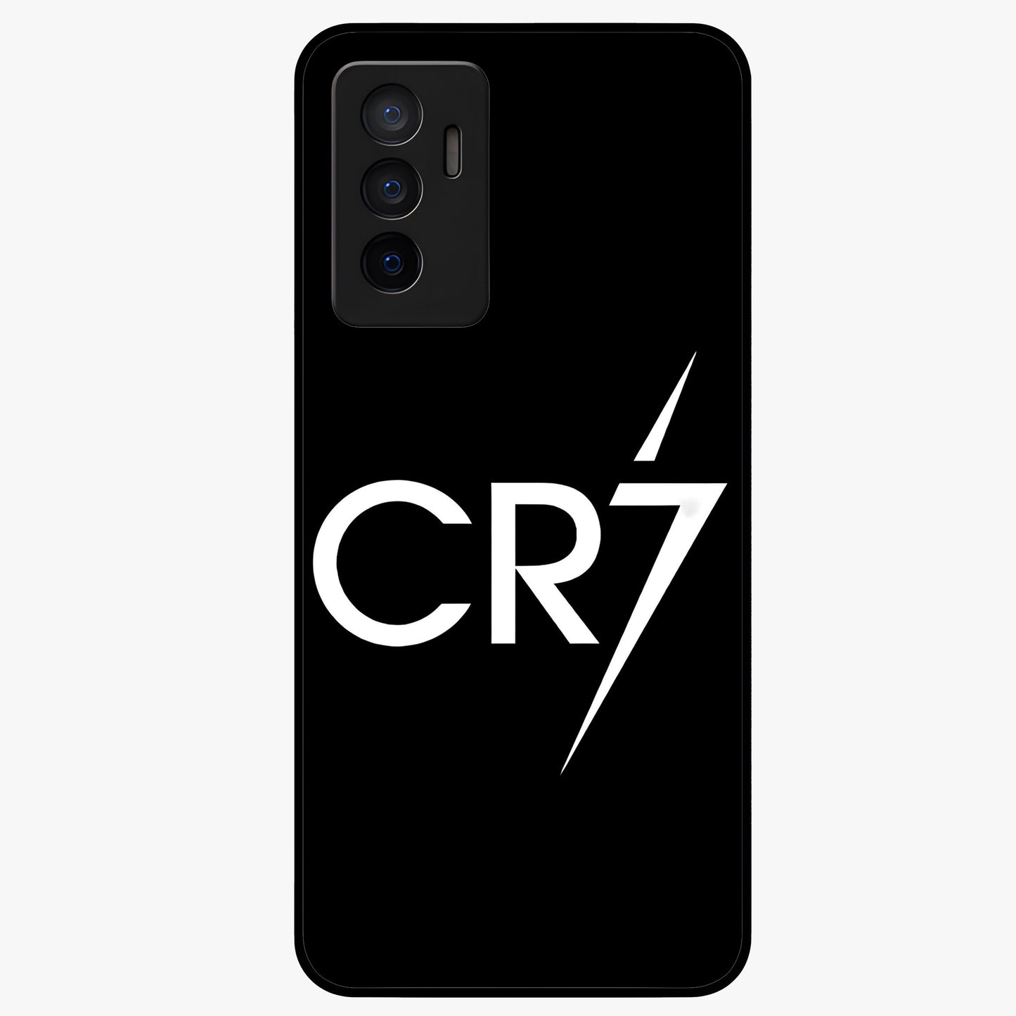 Cr7 Elite Strike Glass Case showing flat back view with dynamic football inspired artwork and glossy glass finish.
