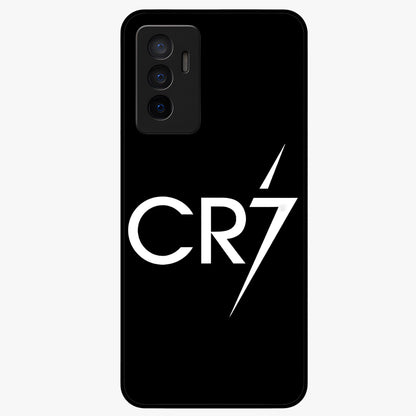 Cr7 Elite Strike Glass Case showing flat back view with dynamic football inspired artwork and glossy glass finish.