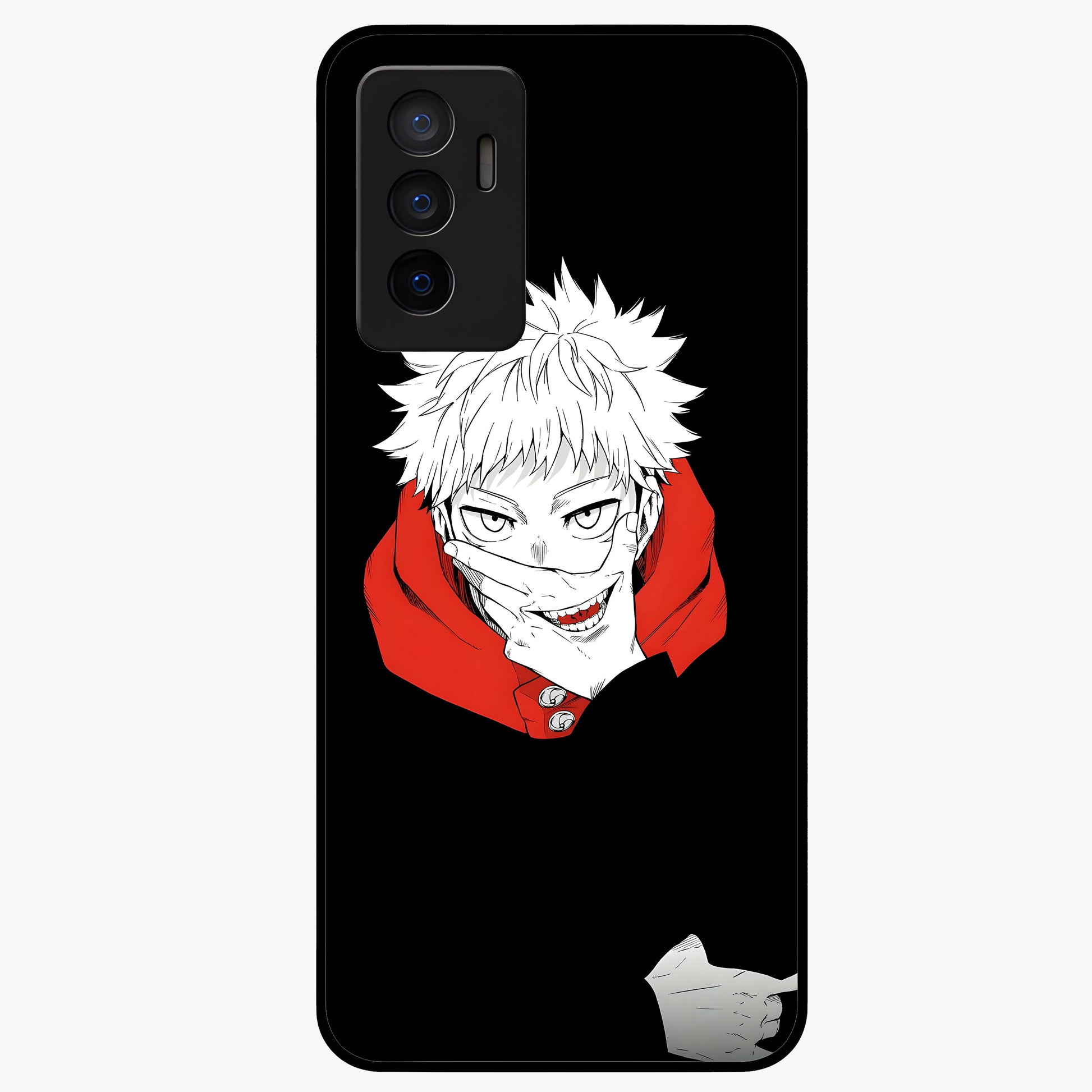 Crimson Chaos Smile Glass Case showing flat back view with bold chaotic smile artwork and glossy glass finish.