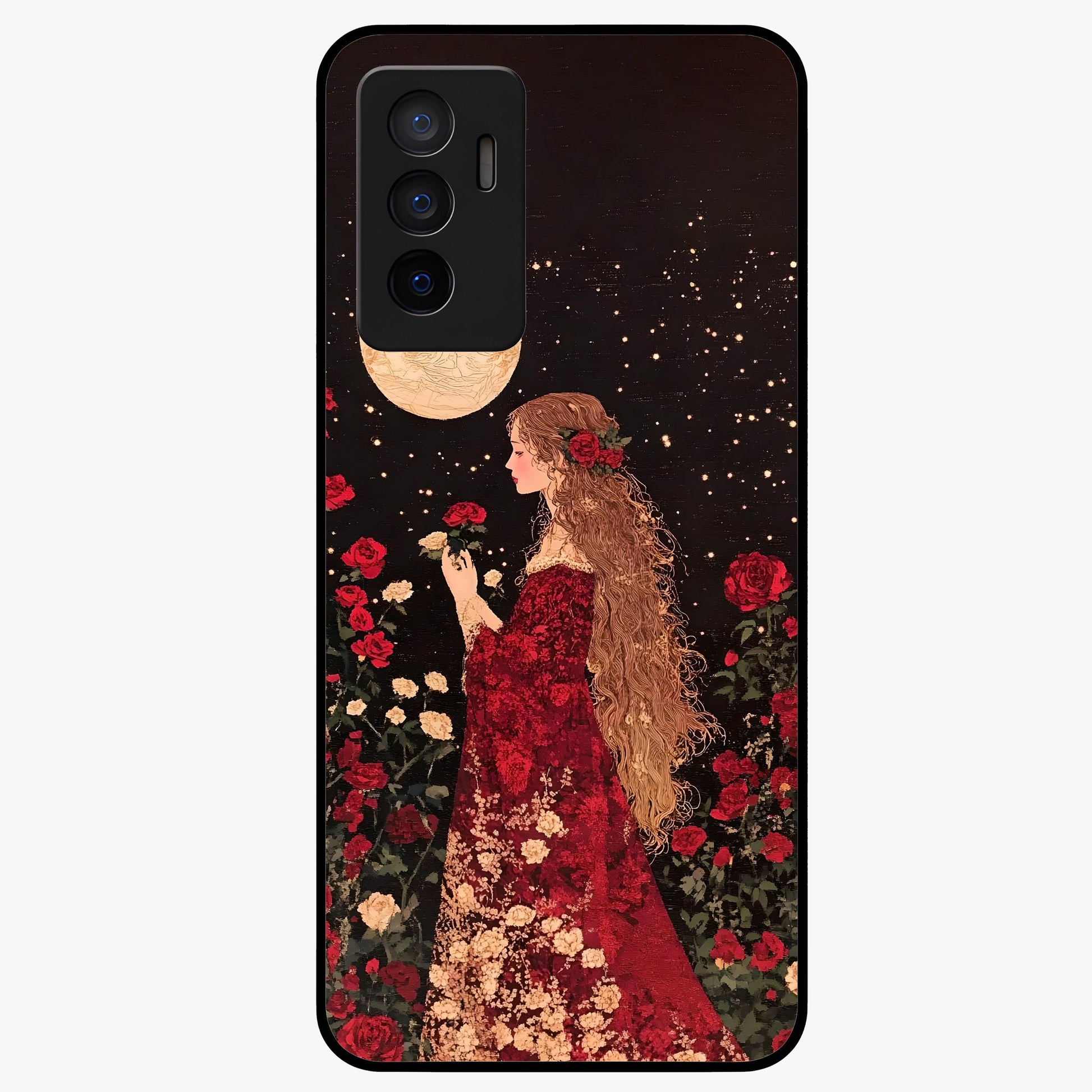Crimson Dreams Glass Case showing flat back view with dreamy crimson artwork and glossy glass finish.