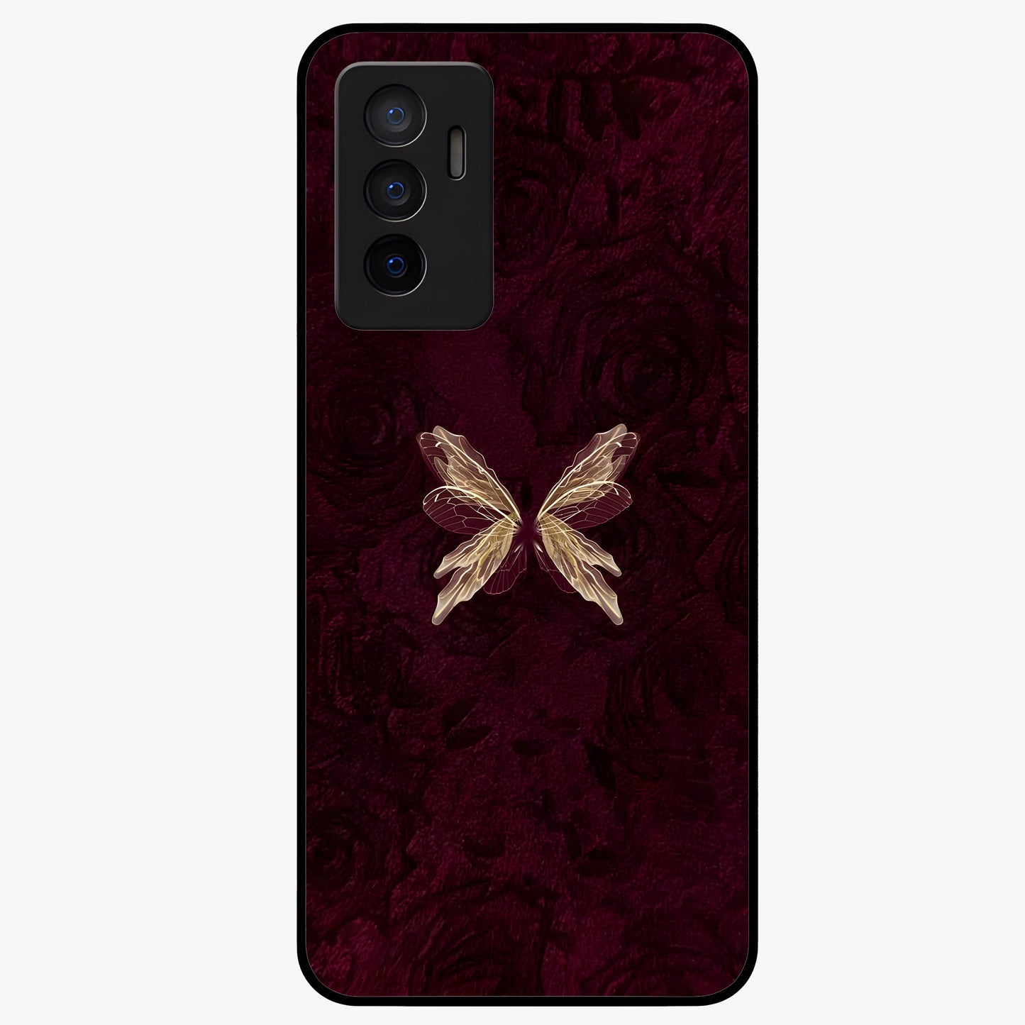 Crimson Fade Butterfly Glass Case showing flat back view with fading butterfly artwork and glossy glass finish.