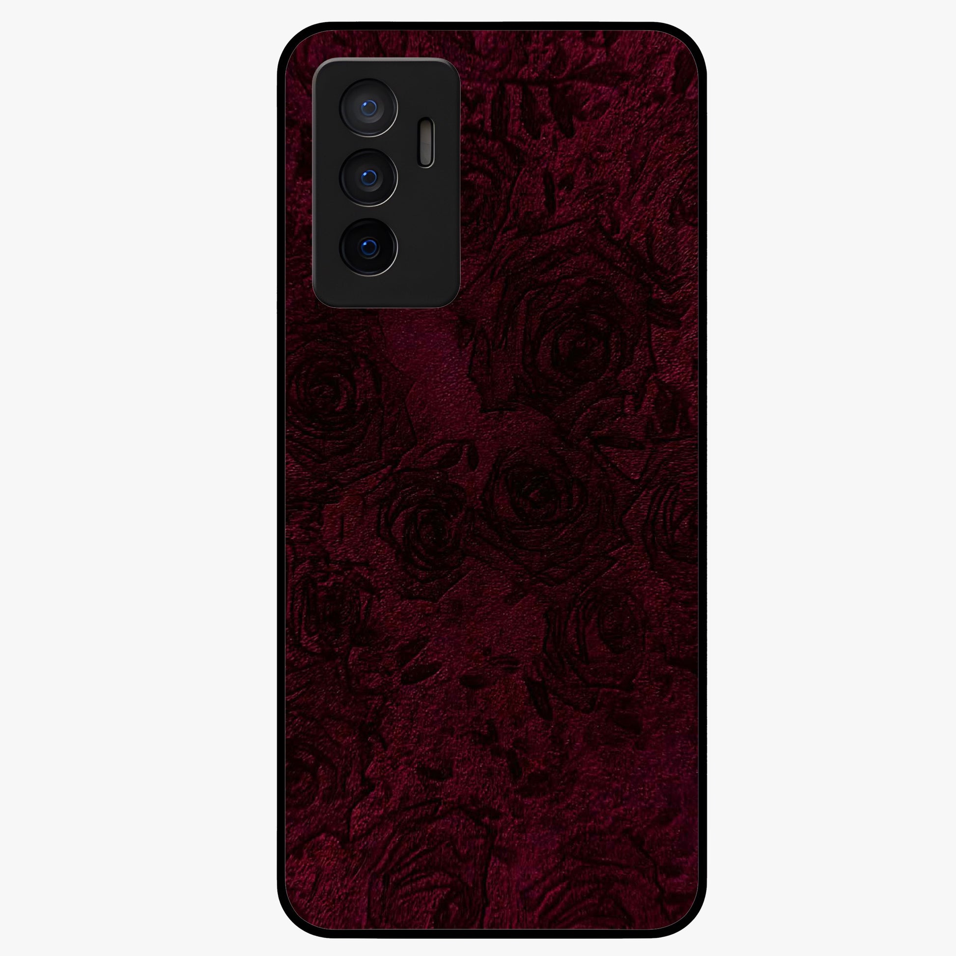 Crimson Fade Flow Glass Case showing flat back view with flowing crimson gradient artwork and glossy glass finish.
