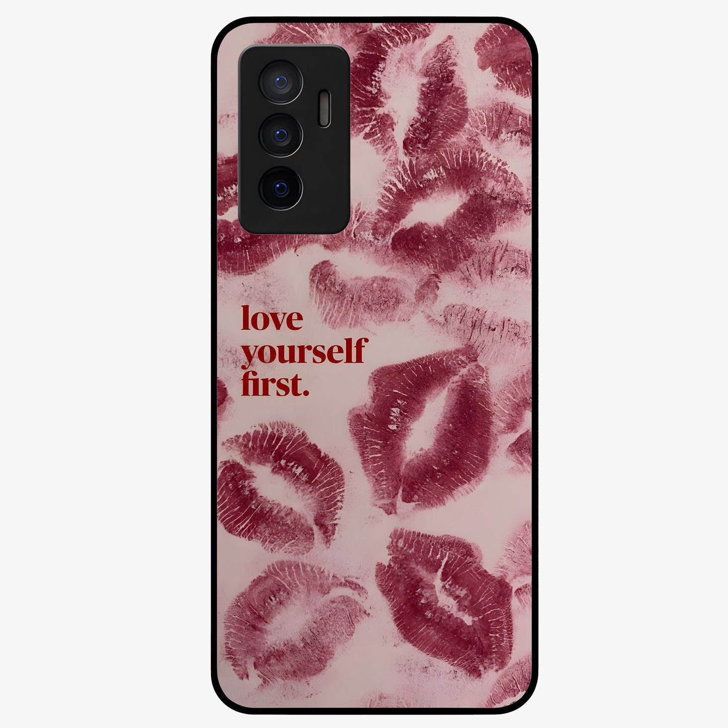 Crimson Kiss Love Glass Case showing flat back view with romantic crimson themed artwork and glossy glass finish.