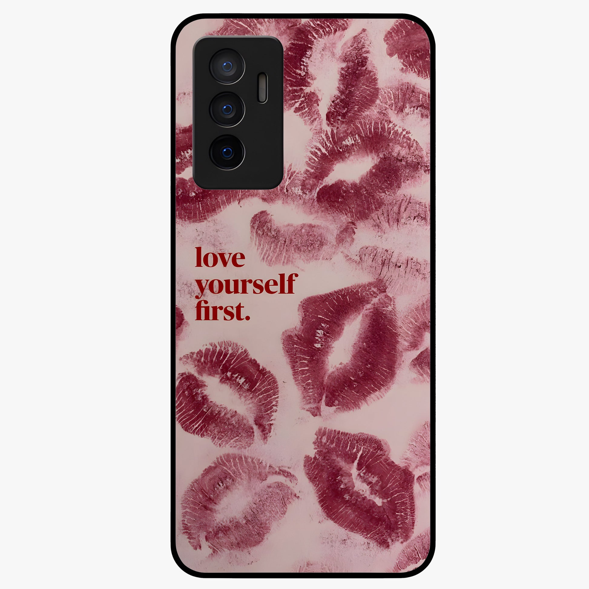 Crimson Kiss Love Glass Case showing flat back view with romantic crimson themed artwork and glossy glass finish.
