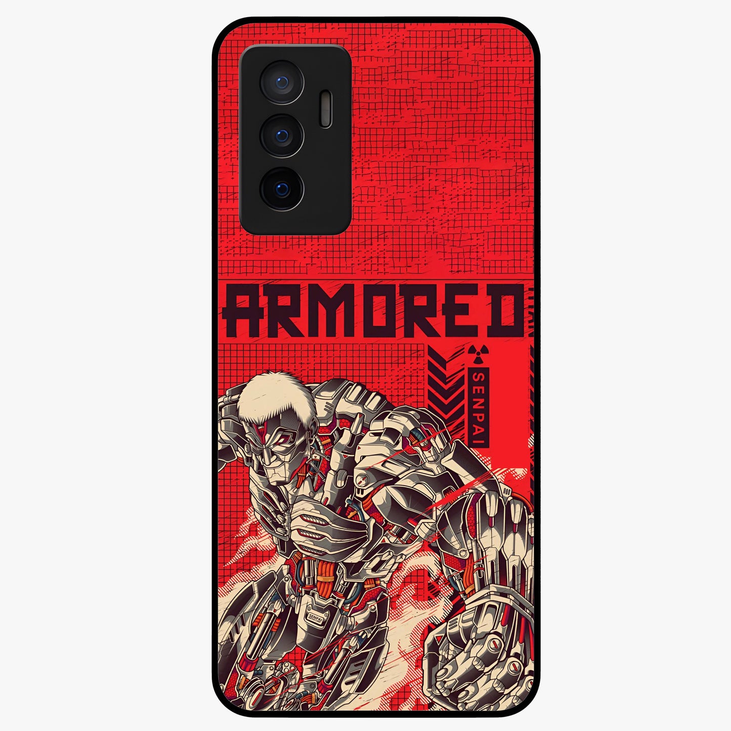 Crimson Mecha Titan Glass Case showing flat back view with powerful mech titan artwork and glossy glass finish.