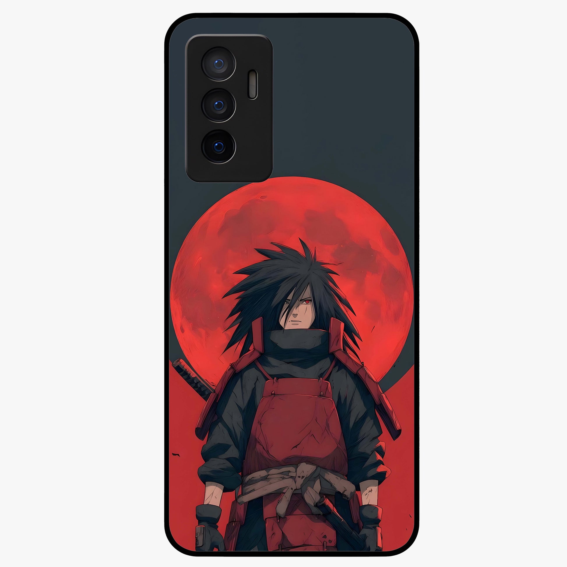 Crimson Moon Warlord Glass Case showing flat back view with mystical moon warrior artwork and glossy glass finish.
