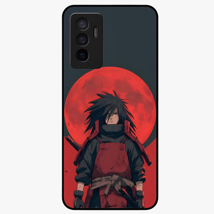 Crimson Moon Warlord Glass Case showing flat back view with mystical moon warrior artwork and glossy glass finish.