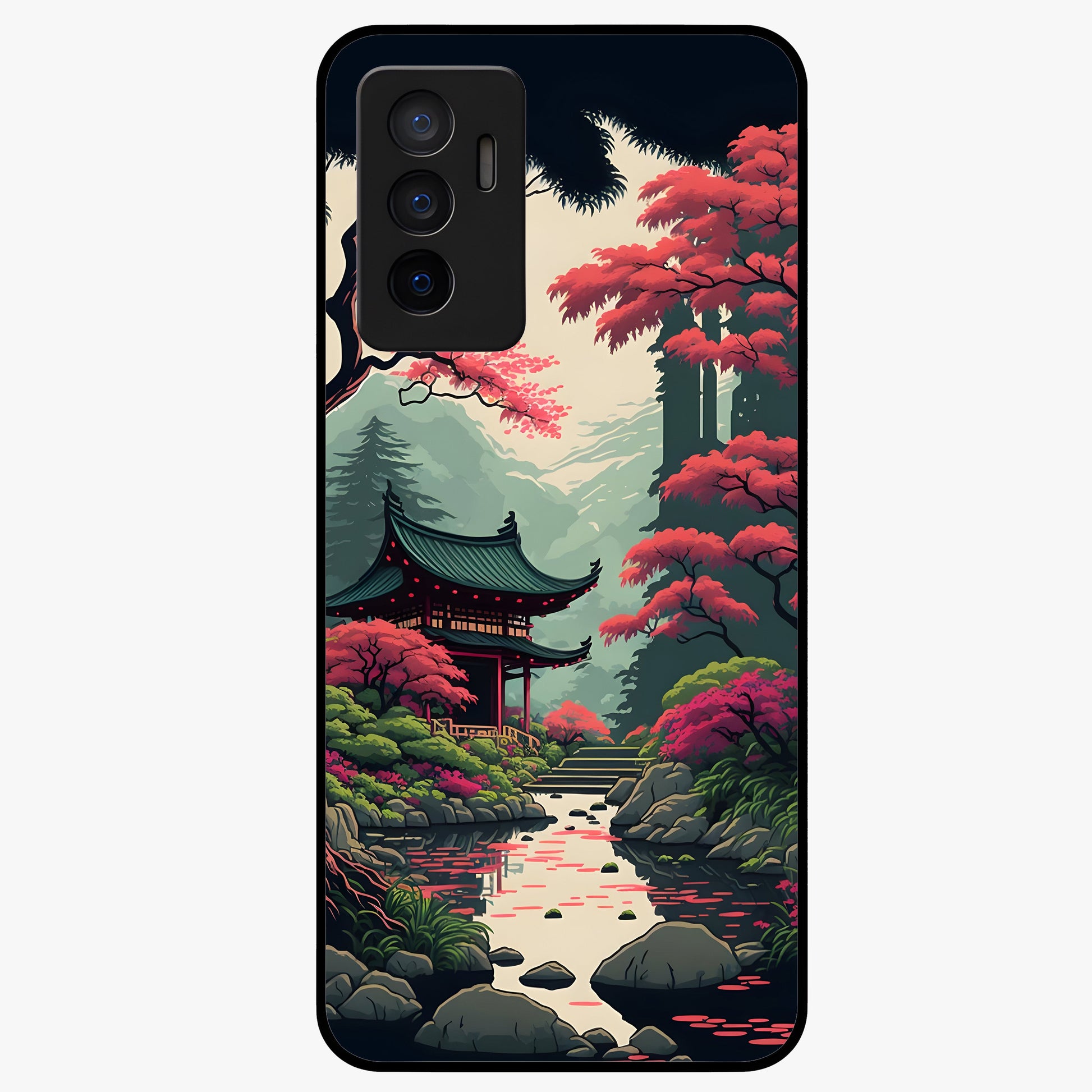 Crimson Temple View Glass Case showing flat back view with temple inspired artwork and glossy glass finish.