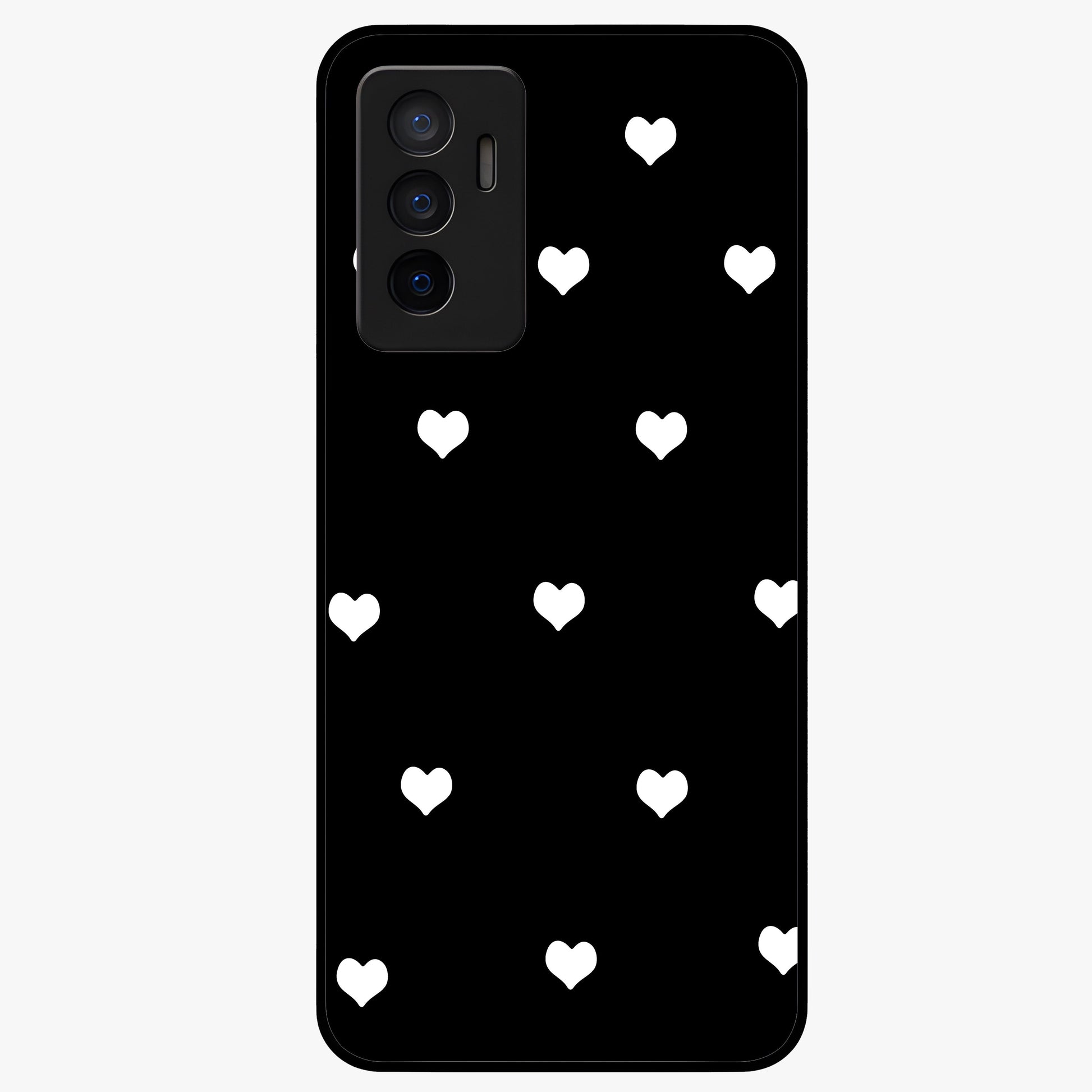 Cute And Simple White Hearts Glass Case showing flat back view with minimal white heart pattern and glossy glass finish.
