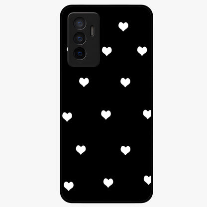 Cute And Simple White Hearts Glass Case showing flat back view with minimal white heart pattern and glossy glass finish.