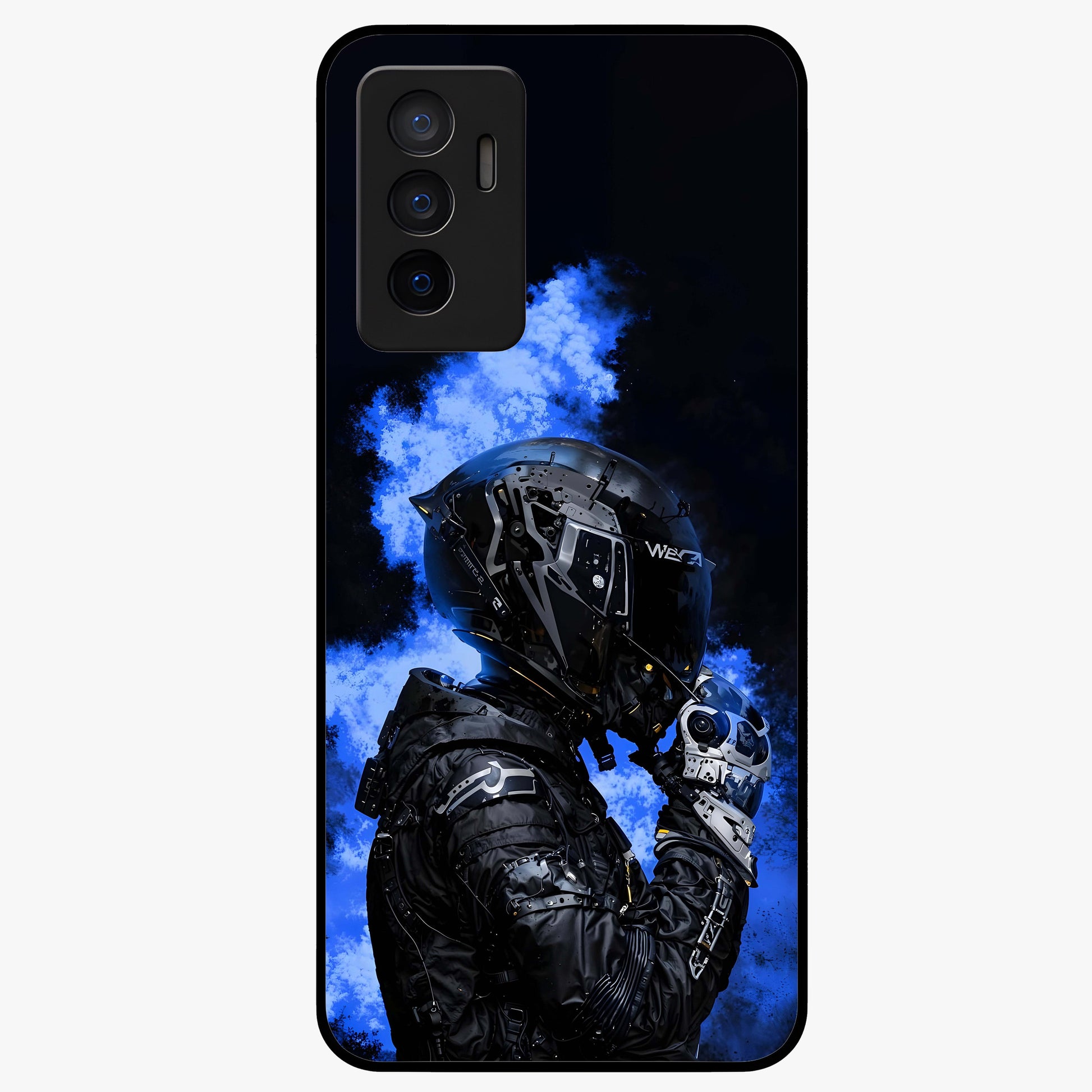 Cyber Sentinel Protocol Glass Case showing flat back view with futuristic cyber themed artwork and glossy glass finish.