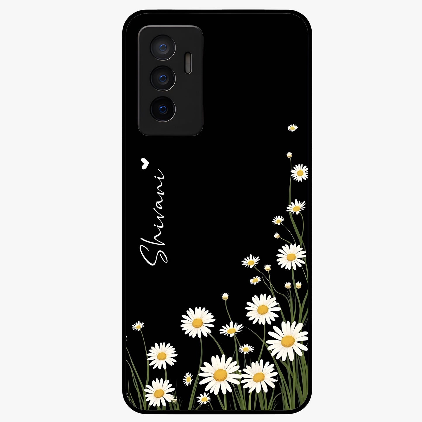 Daisy Cascade Custom Name Glass Case showing flat back view with cascading daisy flowers and personalized name design.