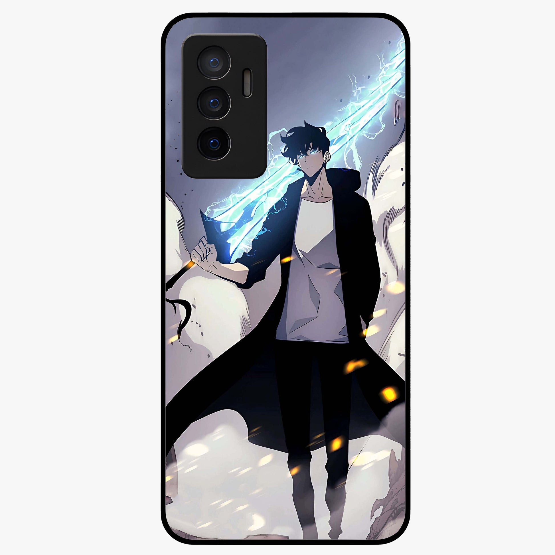 Dark Lightning Anime Warrior Glass Case showing flat back view with intense anime warrior artwork and glossy glass finish.