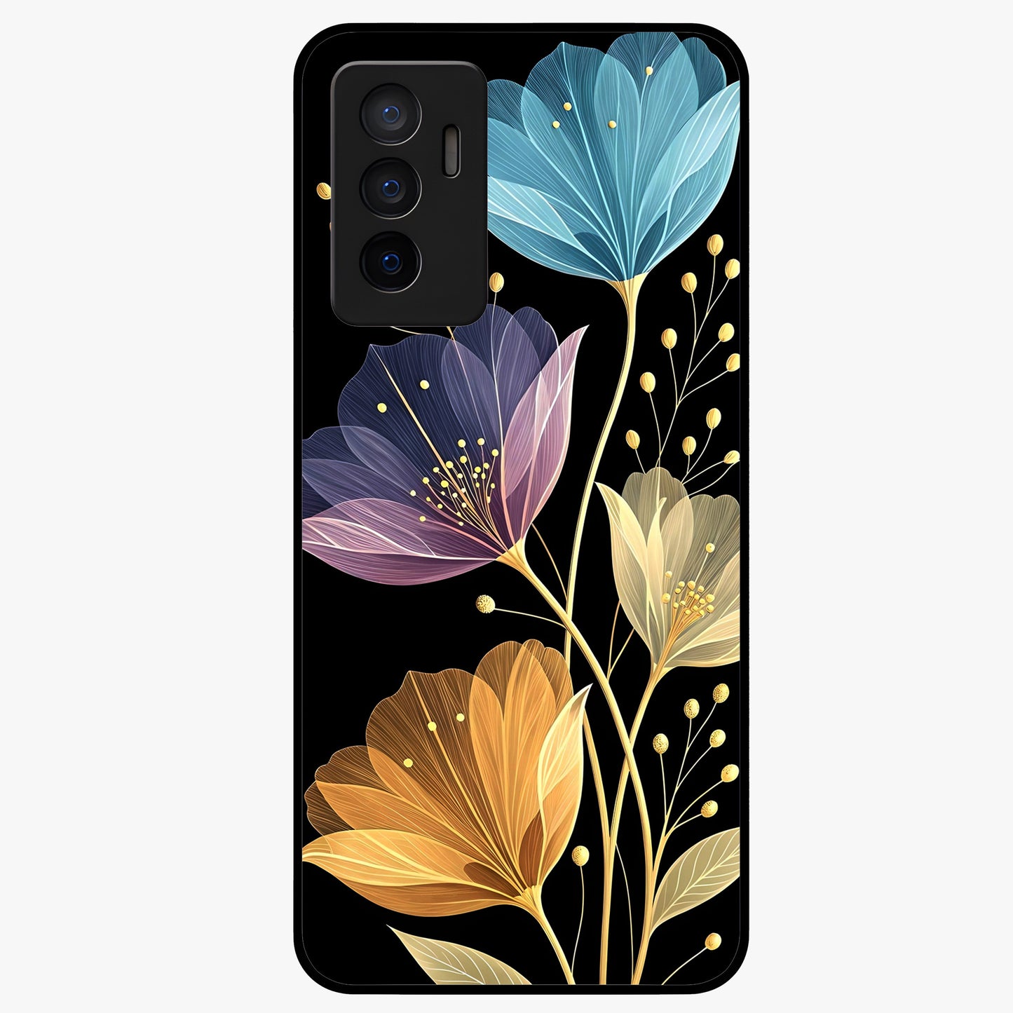 Delicate Multicolor Flowers Glass Case showing flat back view with vibrant floral artwork and glossy glass finish.