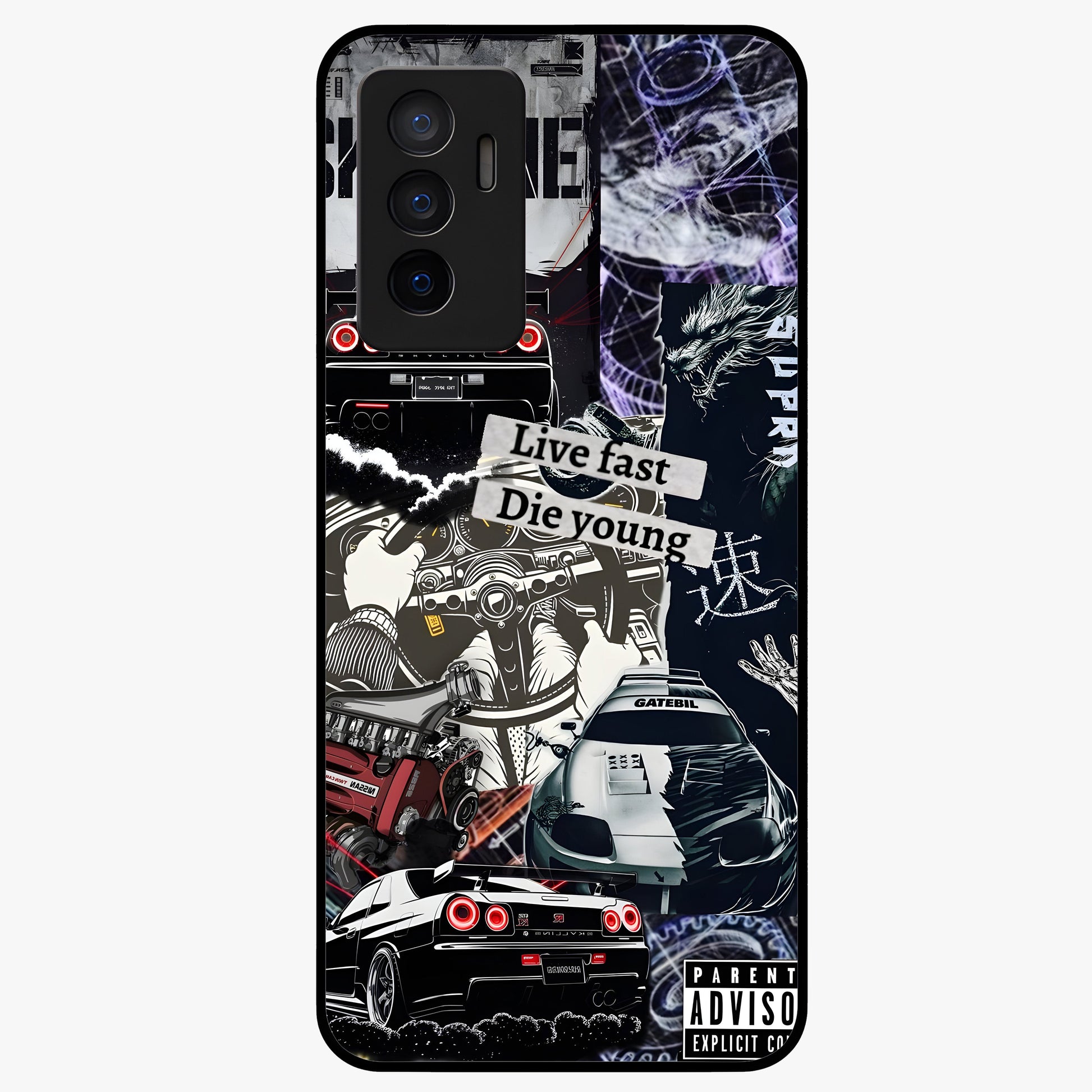 Die Young Glass Case showing flat back view with bold artistic typography design and glossy glass finish.
