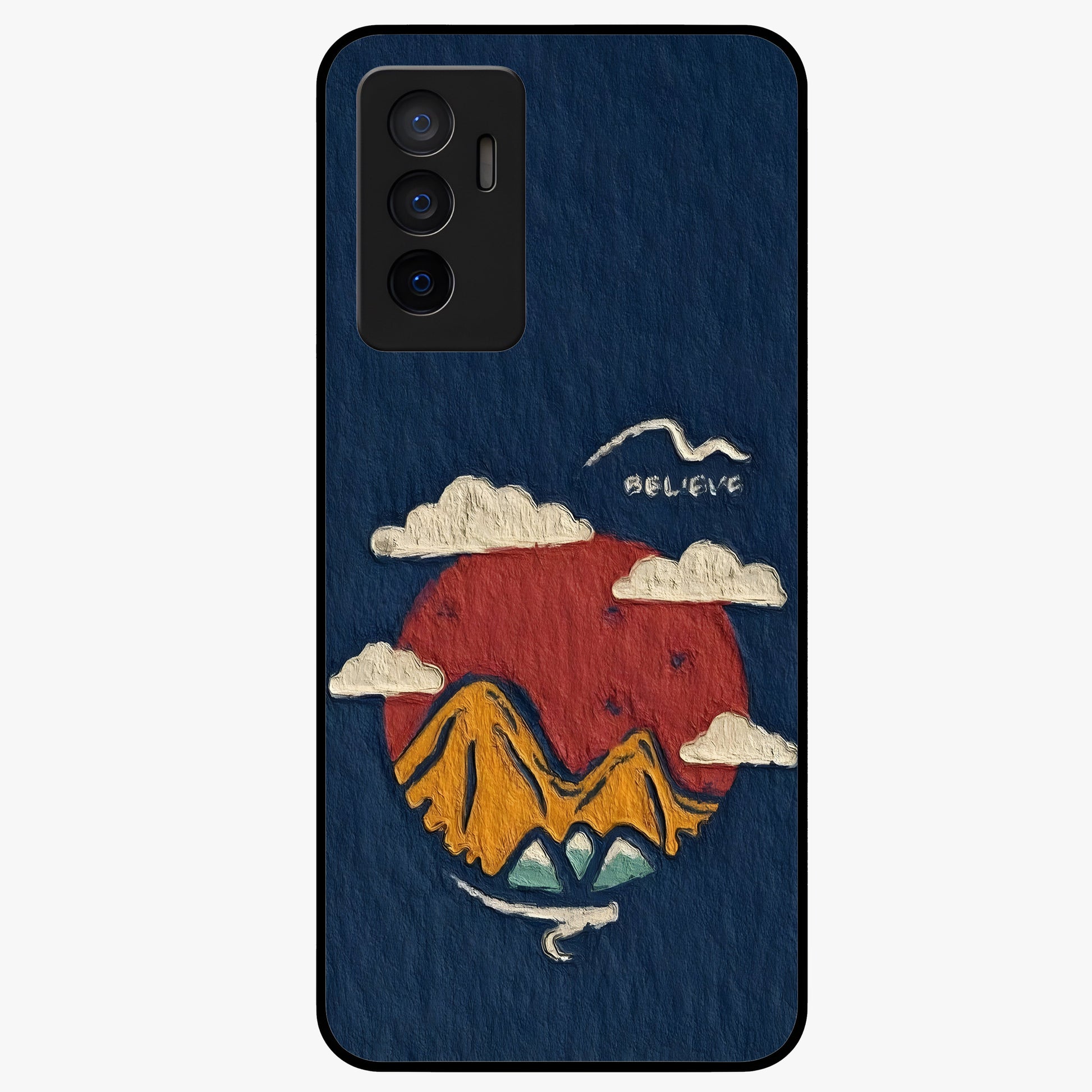 Dream Beyond Mountains Glass Case showing flat back view with scenic mountain landscape artwork and glossy glass finish.